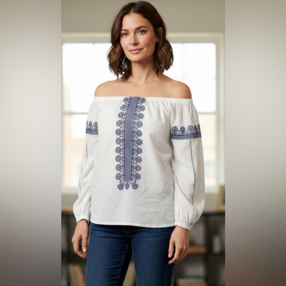 Madewell Tops - MADEWELL White Blue Cotton Off Shoulder Peasant Embroidered Blouse Top Small